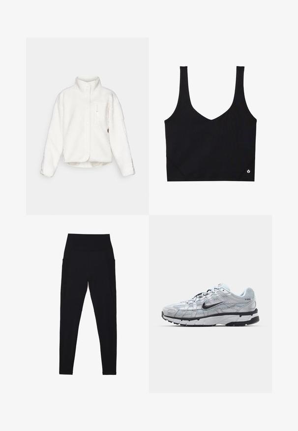Giacca in pile bianca con colletto alto, chiusura a bottoni e tasca anteriore con zip. Presenta un tessuto morbido e testurizzato con un design cropped.; Top sportivo nero con spalline larghe, design a V, tessuto testurizzato e dettaglio del logo all'orlo. Finitura liscia, stile minimale.; Leggings neri realizzati in tessuto elasticizzato con una vita alta e a costine. Presentano tasche laterali e un design senza cuciture per un maggiore comfort.; Sneakers Nike P-6000 con una toma superiore in mesh grigio chiaro, accenti neri e una resistente suola in gomma nera. Dotati di un design intricato e di un sistema di allacciatura.