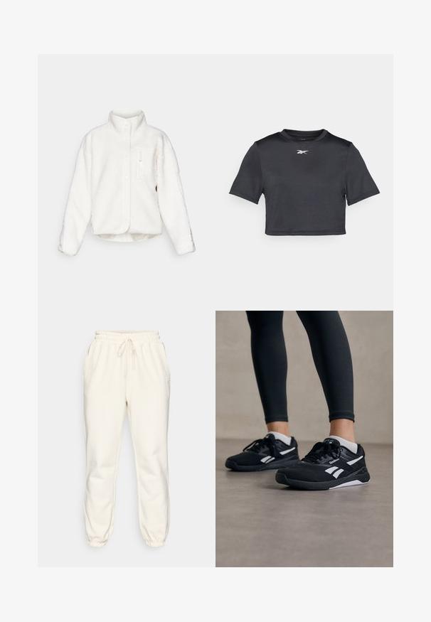 Veste en polaire blanche avec un col haut, fermeture à boutons et une poche zippée à l'avant. Présente un tissu doux et texturé avec un design court.; T-shirt de sport noir court fabriqué en tissu lisse et léger. Il présente des manches courtes et un col rond avec un logo blanc imprimé sur la poitrine.; Un pantalon de sudation couleur crème en tissu doux, avec une taille élastique dotée d'un cordon de serrage, des poches latérales et des poignets ajustés aux chevilles.; Des chaussures de sport noires avec un dessus en maille texturée, des accents blancs et une semelle rembourrée. Portées avec des leggings noirs, mettant en avant un design élégant.