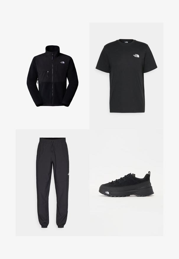 Giacca in pile nera con parte superiore in nylon, colletto alto, zip completa, tasca sul lato sinistro del petto e logo sulla parte superiore destra. Pile testurizzato nella metà inferiore.; T-shirt nera in cotone con maniche corte, colletto a giro, e un piccolo logo bianco sul lato sinistro del petto. Design semplice, texture liscia e vestibilità rilassata.; Pantaloni sportivi neri realizzati in tessuto leggero, con vita regolabile con cordino, tasche laterali e orli affusolati alle caviglie.; Sneaker da esterno nera con parte superiore in suede, suola in gomma testurizzata e robusto sistema di allacciatura. Presenta un tallone rinforzato e il logo del marchio sul lato.