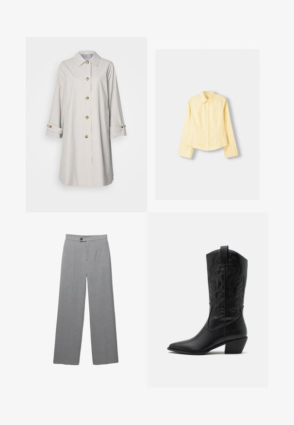 Világos bézs kabát hosszú ujjakkal, galléros nyakkivágással és aranyszínű gombokkal. Oldalsó zsebekkel és felgöngyölt mandzsettákkal rendelkezik. Simaságú szövettextúra.; Sárga csíkos ing hosszú ujjal, hegyes gallérral és elöl gombos záródással. Jellemzője a függőleges kék csíkok és a testre szabott fazon.; Szürke szabott nadrág széles lábbal, lapos elülső résszel és finom textúrával. Egy gombos záródással és letisztult vonalakkal rendelkezik.; Fekete bőr cowboy csizma hegyes orral, dombornyomott csavart mintákkal és közepes magasságú sarokkal. A könnyű felhúzást segítő húzófüllel rendelkezik.