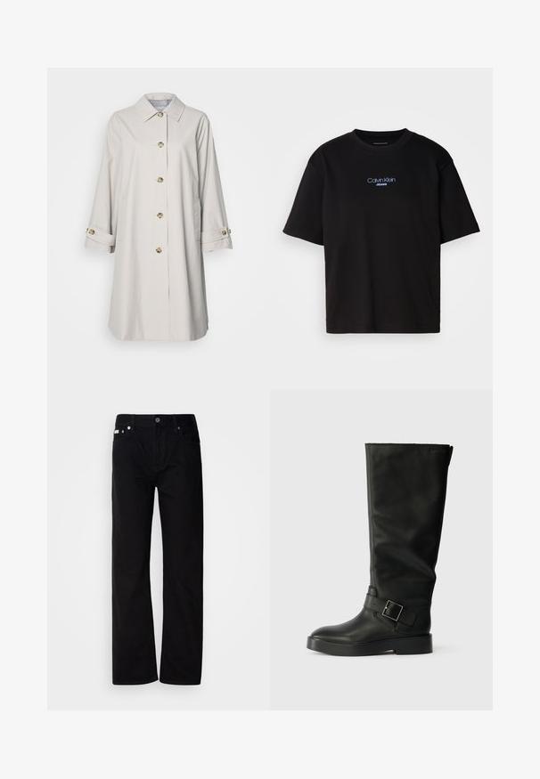 Hele beež mantel, millel on pikad varrukad, kaelus ja kuldse tooni nupud. Omab küljetaskuid ja rulli varrukate ääri. Silmapaistev kangas.; Mustmust särk ümmarguse kaelusega, lühikeste varrukatega ja sinise tikandiga "Calvin Klein JEANS" logo ees.; Mustad teksased sirge jala ja viie taskuga, hõbedaste neetide ja nupu sulgemisega. Kanga pind on sile, kerge tekstuuriga.; Mustad kuni põlvedeni saapad, mis on valmistatud sileda nahast, ümarate varvastega, paksu tallaga ja horisontaalse rihmaga, millel on ristkülikukujuline lukku detail.