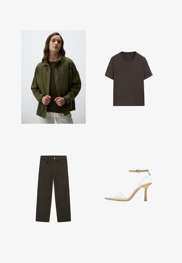 Olijfgroene oversized jas met drukknoopsluiting, borstzakken en een gladde textuur, gedragen over een donkergroen sweater en witte broek.; Donkerbruin T-shirt met korte mouwen, gemaakt van katoen. Heeft een ronde halslijn en een ontspannen pasvorm, zonder zichtbare patronen of accenten.; Donkergroene wijde jeans van een katoenmix, met een sluiting met een voorste knop, vijf zakken en klassieke denimstiksels.; Heldere sandaal met een doorzichtige bovenkant, beige voetbed en een slanke enkelriem. Voorzien van een spitse neus en een dunne hoge hak.