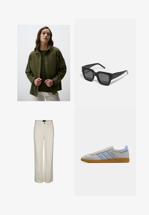 Olijfgroene oversized jas met drukknoopsluiting, borstzakken en een gladde textuur, gedragen over een donkergroen sweater en witte broek.; Witte katoenen t-shirt met korte mouwen, een ronde halslijn en een losse pasvorm. Geen zichtbare patronen of logo's. Zachte textuur.; Brede, crème kleurige denim broeken met een knoop- en ritssluiting, vijf zakken en subtiele stikdetails. Van katoen.; Grijze suède sneaker met lichtblauwe strepen, rubberen gumzool en logo-accenten. Laag model met ronde neus en vetersluiting.; Zwarte vierkante zonnebril met donkere lenzen, een dik plastic montuur en slanke pootjes. Bevat subtiele branding aan de zijkant.; Olijfgroene handtas met een gladde afwerking, een afgeronde bovenrand en een enkele zwarte handgreep. Heeft een minimalistisch ontwerp en een driehoekige basis.
