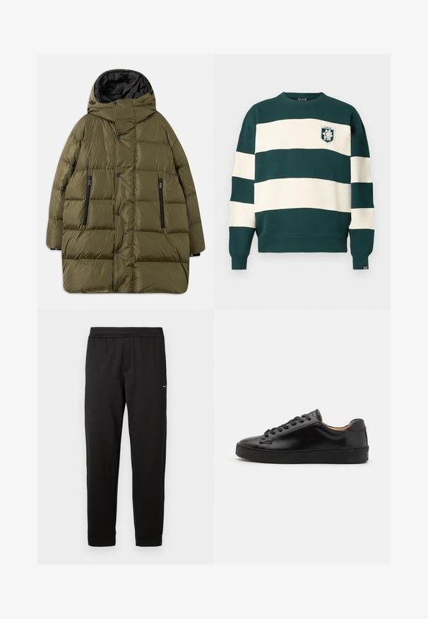 Olivgrüne, gepolsterte Jacke mit Kapuze, die ein gestepptes Design hat, schwarze Reißverschlusstaschen und Druckknöpfe an der Front.; Dunkelgrüner und weiß gestreifter Langarmpullover mit "Italy EA7"-Abzeichen auf der Brust und kleinem EA7-Tag am Ärmel.; Schwarze Sweatpants mit elastischem Bund und schmal zulaufenden Beinen sowie kleinem Logo am Oberschenkel, auf weißem Hintergrund präsentiert.; Schwarze Ledersneaker mit einer glatten Oberfläche, runder Zehenpartie und schwarzen Schnürsenkeln. Verfügt über ein minimalistisches Branding an der Ferse und eine Gummisohle.