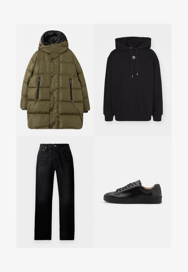 Olíva zöld pufi dzseki kapucnival, steppelt dizájnnal, fekete cipzáras zsebekkel és nyomógombokkal az elején.; Fekete kapucnis pulóver, elöl húzózsinórral, bordázott mandzsettákkal és szegéllyel, valamint egy kis kör alakú hímzett részletezéssel a mellkason.; Fekete egyenes szárú farmernadrág, elhasználódott textúrával, öt zsebbel és fémből készült gombos záródással a derekán.; Fekete bőr sneaker sima felülettel, kerek orral és fekete fűzőkkel. Minimalista logó található a sarokon, valamint gumitalpa van.