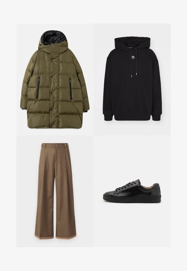 Olijfgroene puffy jas met een capuchon, met een gewatteerd ontwerp, zwarte ritssluitingen en drukknoopjes aan de voorkant.; Zwarte sweatshirt met capuchon, voorzien van een voorste trekkoord, geribbelde manchetten en onderrand, en een klein rond geborduurd detail op de borst.; Wijdvallende broek in een donkerbruine stof, met twee zijzakken, twee decoratieve knopen aan de voorkant en een contrasterende zoomdetail.; Zwarte leren sneaker met een gladde afwerking, ronde neus en zwarte veters. Heeft minimale branding op de hiel en een rubberen buitenzool.