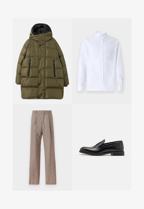 Giacca imbottita verde oliva con cappuccio, caratterizzata da un design trapuntato, tasche con cerniera nere e bottoni a scatto sul davanti.; Camicia bianca a maniche lunghe con bottoni, realizzata in cotone, caratterizzata da una tasca sul petto con ricamo tonale, colletto e polsini con bottoni.; Pantaloni marroni a vita alta realizzati in tessuto testurizzato. Presentano gambe ampie e due pieghe frontali per struttura. Rifinitura curata senza hardware visibile.; Mocassini neri in pelle con una texture liscia, punta arrotondata e una striscia decorativa sulla tomaia. Tacco basso impilato, design minimalista.