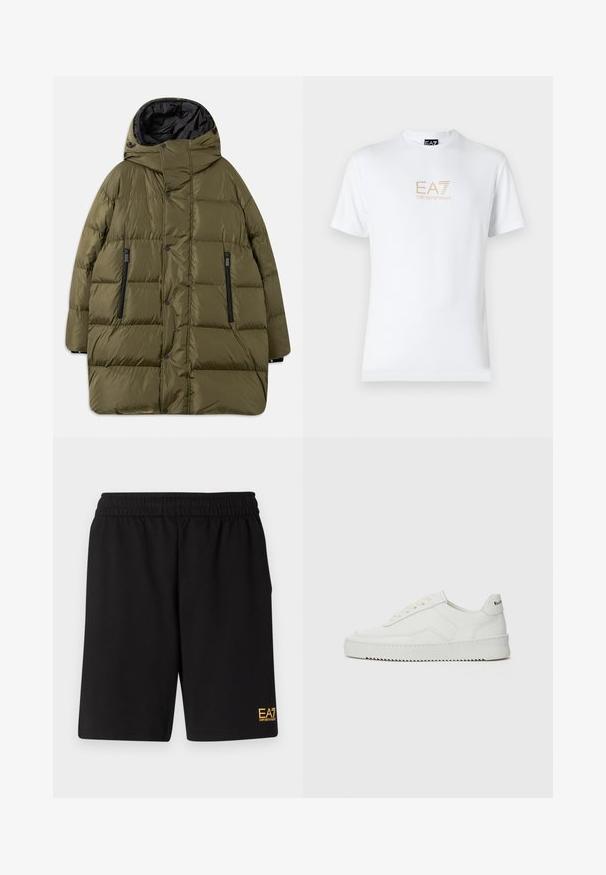 Olivgrüne, gepolsterte Jacke mit Kapuze, die ein gestepptes Design hat, schwarze Reißverschlusstaschen und Druckknöpfe an der Front.; Weißes Baumwoll-T-Shirt mit Rundhalsausschnitt und kurzen Ärmeln, mit einem goldenen EA7 Emporio Armani-Logo auf der Vorderseite.; Schwarze Sportshorts aus weichem Material, mit einem elastischen Bund und einem kleinen gelben EA7-Logo am unteren linken Bein.; Weiße Ledersneaker mit glatter Oberfläche, runder Zehenpartie, flachen Schnürsenkeln und strukturiertem Sohlenprofil. Mit einem dezenten Logo an der Ferse.