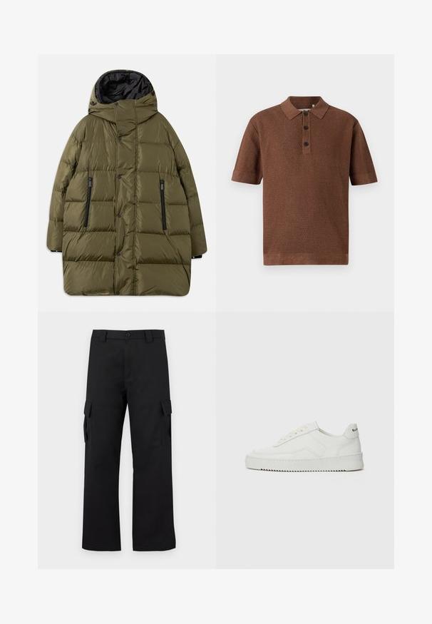 Maslinasto zeleni pufasti kaput s kapuljačom, sa kviltanim dizajnom, crnim patentnim zatvaračima i dugmadi na prednjem dijelu.; Smeđi pleteni polo majica s teksturiranim uzorkom, kratkim rukavima, plaketom s tri gumba te rebrastim ovratnikom i rubovima.; Crne cargo hlače ravnog kroja. Izrađene od izdržljivog materijala, s dva bočna džepa s preklopima i zaštitnim gumbom.; Bijele kožne tenisice s glatkom površinom, okruglim vrhom, ravnim vezicama i teksturiranom potplatom. Imaju suptilan logo na peti.