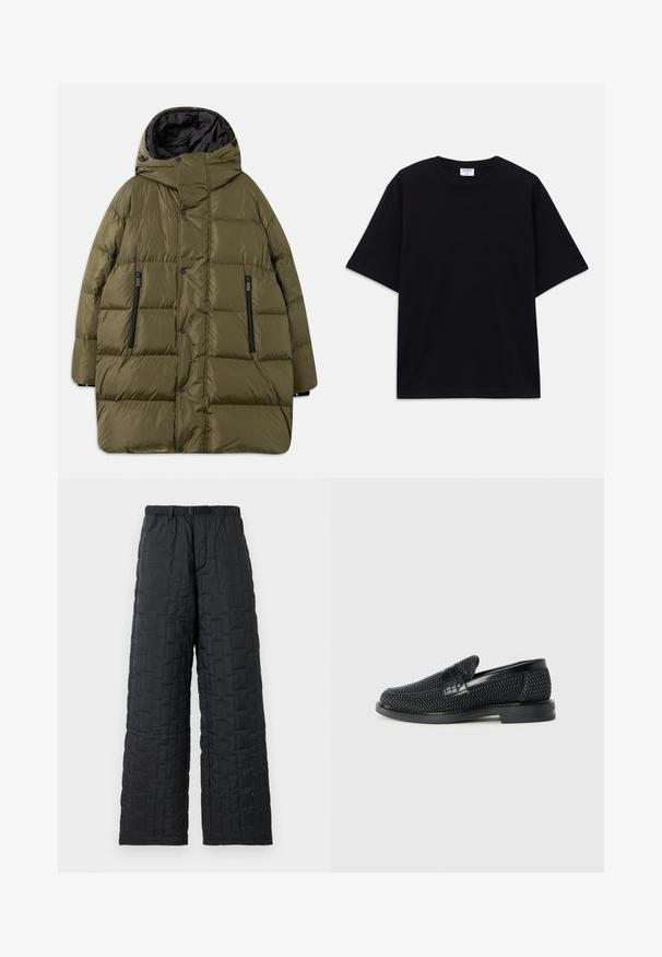 Oliņu zaļa pūkaina jaka ar kapuci, kurai ir kvadrātveida šuvju dizains, melni rāvējslēdzēja kabatas un pogas priekšā.; Melns īsām piedurknēm oversize T-krekls ar apaļu kakla izgriezumu un redzamu Filippa K zīmola birku iekškaklā.; Melnas iešuvētas bikses ar brīvu piegriezumu, kurām ir teksturēts raksts, elastīgs jostasvieta ar jostu un divas sānu kabatas.; Melnas austas slaidu kurpes ar gludu ādas akcentu augšpusē, apaļas formas purngalu un zemas profila gumijas zoli.