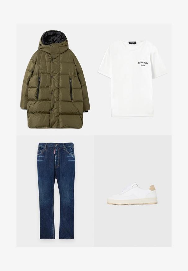 Olive zelena puhovka s kapuco, z dihalnim dizajnom, črnimi zadrgami na žepih in sponkami vzdolž sprednje strani.; Bela bombažna majica s krojem okoli vratu, kratkimi rokavi in črnim izvezenim logotipom z napisom "DSQUARED2 MILANO" na levi prsni strani.; Temno modri jeans z ravnim krojem, s svetlo bledenjem, rumenim šivanjem, sprednjimi žepi in gumbom za zapiranje.; Bele nizke superge z zgornjim delom iz teksturirane usnjene površine, smetano obrobljenim podplatom in svetlo rjavo akcentom na peti. Imajo bele vezalke in podrobnost z logotipom na peti.