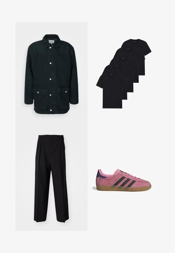 Črna jakna iz trpežne tkanine, z ovratnikom, sprednjim zapiranjem na snap, dvema velikima žepoma in blagovno znamko na žepu.; Pak petih črnih majic s kratkimi rokavi in ovratnikom v obliki črke crew. Iz bombažne tkanine, standardni kroj. Gladka tekstura brez vidnih vzorcev ali okraskov.; Črne nabirane hlače s ravnim, širokim krojem. Narejene so iz gladkega materiala in imajo zadrgo ter pasne zanke.; Roza semišna tenisača z črnimi stripe, gumijastim podplatom in teksturiranim vijoličastim petnim delom. Ima vezalni dizajn in embosirano blagovno znamko na strani.