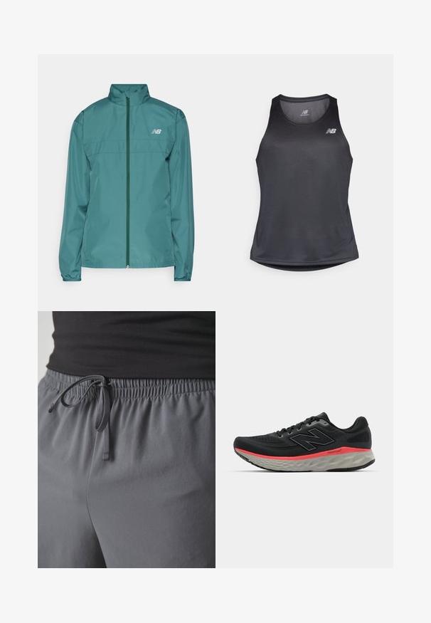 New Balance RUN JACKET - Jachetă de vânt - new spruce; Maiou sport negru din material care absoarbe umezeala, cu guler rotund și o textură discretă în dungi, având un logo alb pe piept.; Pantaloni scurți atletici gri cu talie elastică, realizati dintr-un material fin și ușor, cu o croială lejeră, potriviți pentru îmbrăcăminte activă.; Adidași negri de alergare cu partea superioară din plasă, accentuați de o bandă roz la mijlocul tălpii și o talpă exterioară gri. Prezintă detalii texturate și un design de talpă flexibil.