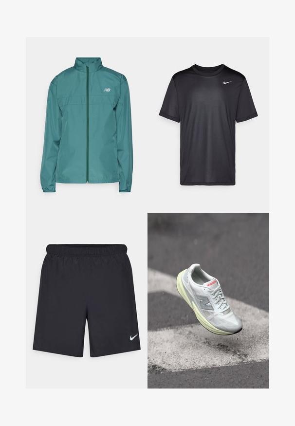 New Balance RUN JACKET - Giacca a vento - new spruce; Maglietta atletica nera a maniche corte, con collo rotondo, realizzata in tessuto liscio. Presenta un piccolo logo Nike bianco sulla parte superiore sinistra.; Shorts sportivi neri realizzati in materiale leggero con vita elastica. Presentano un piccolo logo Nike bianco sul lato sinistro in basso.; Scarpa da corsa leggera con tomaia in mesh bianco, intersuola gialla e accenti grigi. Presenta un logo ‘N’ prominente e una superficie testurizzata.