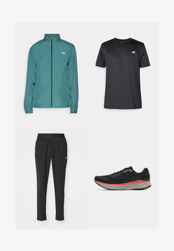 New Balance RUN JACKET - Windjack - new spruce; New Balance Sport T-shirt - black; Zwarte sportieve broek van lichtgewicht materiaal met een elastische tailleband, een taps toelopend ontwerp en een subtiele logodetail aan de zijkant.; Zwarte hardloopschoen met een bovenwerk van mesh, geaccentueerd door een roze tussenzoolstreep en een grijze outsole. Bevat textuurdetails en een flexibele zoolontwerp.