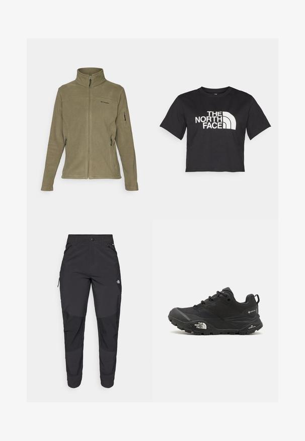 Fleecasta jakna u maslinasto zelenoj boji s visokim ovratnikom, prednjim zatvaračem, bočnim džepovima sa zatvaračima i logotipom na lijevoj strani prsnog područja.; Crni kratki majica od pamuka s bijelim logotipom s zakrivljenim naglasima i tekstom "THE NORTH FACE" sprijeda. Kratki rukavi, okrugli ovratnik.; Crne vanjske hlače izrađene od izdržljivog materijala. Imaju džepove sa zatvaračem, ojačane paneli na koljenima i ravni kroj za slobodu pokreta.; Crne planinarske cipele s teksturiranim gornjim dijelom, zatvaranjem na vezivanje i debelim gumenim potplatom koji sadrži istaknuti logo na strani i uzorke na gaznom sloju.