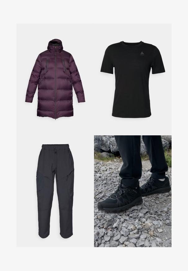 Manteau doudoune violet avec un col haut, design matelassé horizontal, deux poches zippées sur la poitrine et une fermeture éclair sur le devant. Tissu lisse et brillant.; T-shirt noir en tissu léger, avec un col rond, des manches courtes et un petit logo de la marque en haut à gauche.; Pantalons cargo noirs en matériau léger et résistant à l'eau ; dotés d'une taille élastique, de plusieurs poches zippées et de jambes fuselées.; Chaussures d'extérieur noires en matériau synthétique et en maille, présentant une tige texturée, un système de lacets sécurisé et une semelle extérieure robuste, sur un terrain rocailleux.