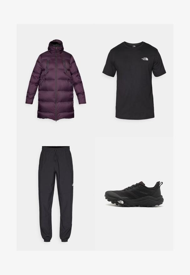 Lila puffert kabát, magas gallérral, vízszintes steppelt mintázattal, két cipzáras mellzsebbel és teljes hosszúságú elől készült cipzárral. Simító, fényes anyag.; Fekete rövidujjú pamut póló, kerek nyakkivágással, a bal felső mellkason egy kis fehér logóval.; Fekete sportnadrág, könnyű anyagból készült, húzózsinóros derékkal, oldalsó zsebekkel és szűkített szárakkal a bokáknál.; Fekete terepfutó cipő, textúrált felső résszel, gumitalppal és megerősített lábujjrészével. Párnázott bokarésszel és húzófüllel rendelkezik a könnyű felhúzáshoz.