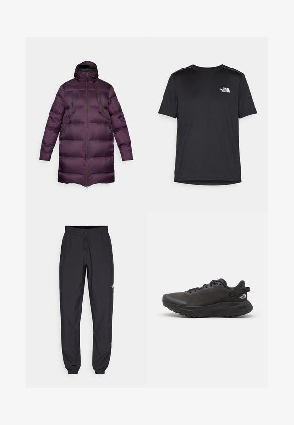 Lilla puffer-koot, millel on kõrge krae, horisontaalne tikandimuster, kaks lukuga rinnataskut ja täispikk lukk ees. Sile, läikiv kangas.; Must mustaöödiga must T-särk, mis on valmistatud kerge riidekanga. Esiküljel on vasakul rinnal väike valge logo ning õlgadel on peened aktsendid.; Mustavad sportlikud püksid, mis on valmistatud kergest kangast, joonlauaga taljest, küljetaskudega ja kitsenevate varrukatega pahkluude juures.; Mustad spordijalats musta värvi, millel on võrkkangast pealmine osa, pehmendatud krae ja kummist tald. Omab tekstuuri kujundust ja brändingu märgistust kannal. Kerge konstruktsioon.