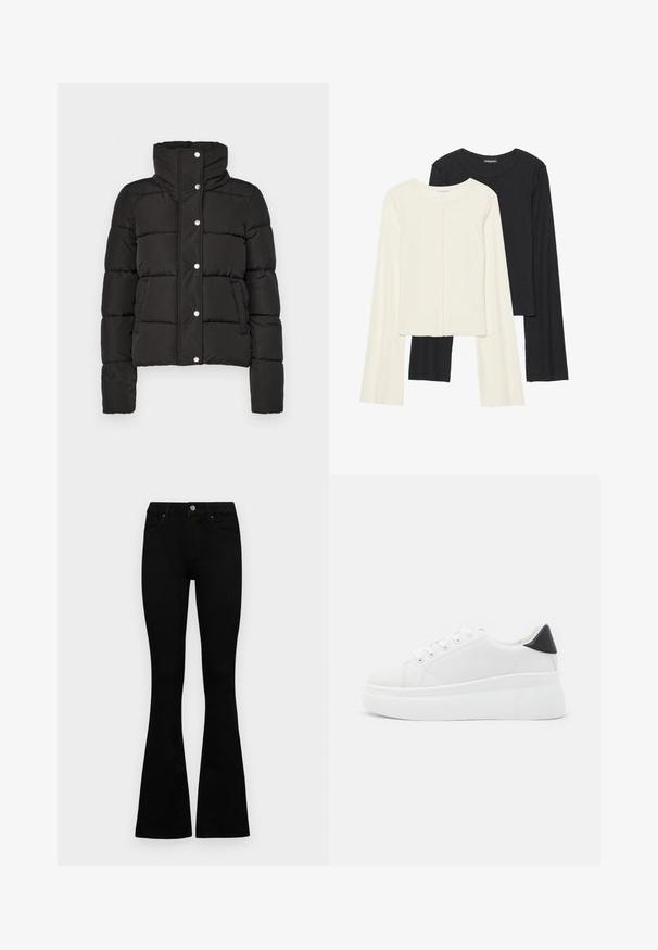 Čierna prešívaná bunda s vysokým golierom, ktorá má zapínanie na patentky, horizontálne prešívanie a dve predné vrecká. Hladká textúra látky.; Súprava dvoch dlhých rukávov v bielej a čiernej farbe. Žebrovaná textúra, okrúhly výstrih, priliehavý strih s mierne rozšírenými rukávmi.; Čierne vysoké nohavice s gombíkom a zipsom, predné vrecká a rozšírené nohavice položené na bielom pozadí.; Biele platformové tenisky vyrobené z hladkého syntetického materiálu, so zaoblenou špičkou, šnurovacím dizajnom a textúrovanou gumovou podrážkou. Čierny akcent na päte.