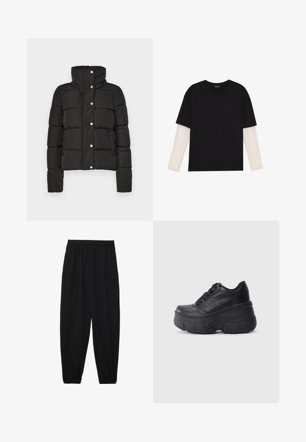 Giacca nera imbottita con colletto alto, caratterizzata da chiusura con bottoni a pressione, cuciture orizzontali e due tasche frontali. Tessuto a trama liscia.; T-shirt nera in cotone con maniche corte sopra un sotto manica lunga bianca, caratterizzata da una sottile texture. Design con scollo rotondo.; Pantaloni neri leggeri con vita elastica e caviglie arricciate. Il tessuto è liscio e presenta un design rilassato e affusolato.; Sneaker nere con lacci e suola spessa, caratterizzate da una tomaia in pelle liscia, punta arrotondata e un distintivo design a piattaforma stratificata.
