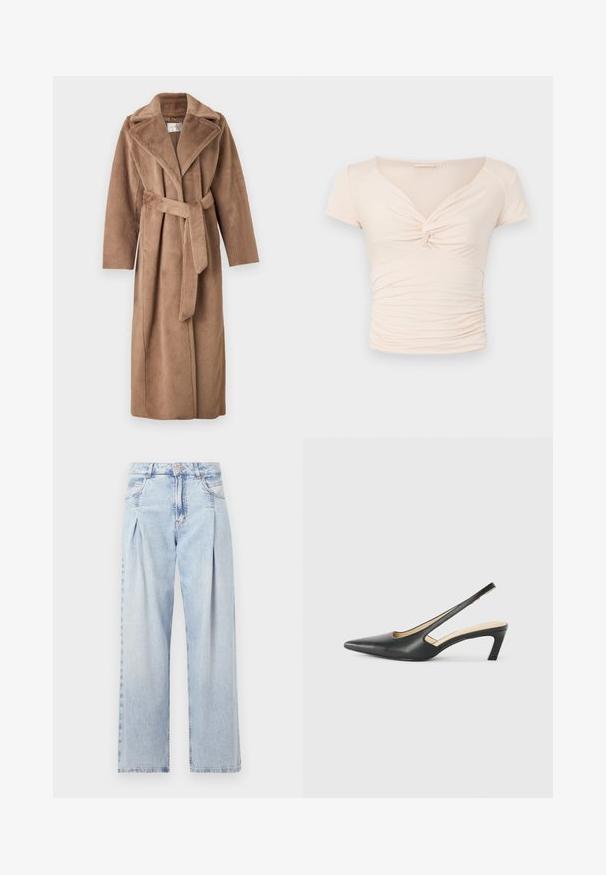 Guess ADA LONG - Abrigo clásico - taupe; Top corto de manga corta en beige claro con escote en V y detalle retorcido en la parte delantera, que presenta textura fruncida a lo largo de los lados para un diseño ajustado.; Jeans de mezclilla azul claros con cintura alta, corte de pierna ancha, dos bolsillos laterales y un diseño plisado. Textura suave con un acabado deslavado.; Zapato negro de punta afilada tipo slingback con un tacón bajo, que presenta un material de cuero suave y un diseño recortado en el lateral para mayor transpirabilidad.