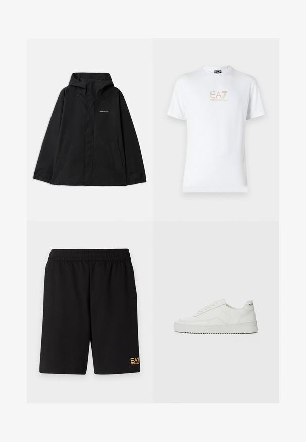 Μαύρο αδιάβροχο μπουφάν με κουκούλα, μακριά μανίκια, μπροστινό φερμουάρ και δύο πλαϊνές τσέπες. Λείος υφή με μίνιμαλ σχέδιο.; Λευκό βαμβακερό t-shirt με στρογγυλή λαιμόκοψη και κοντά μανίκια, με χρυσό λογότυπο EA7 Emporio Armani τυπωμένο μπροστά.; Μαύρες αθλητικές βερμούδες από μαλακό ύφασμα, με ελαστική μέση και μικρό λογότυπο EA7 στο κάτω αριστερό πόδι.; Λευκό δερμάτινο sneakers με λείο φινίρισμα, στρογγυλή μύτη, επίπεδα κορδόνια και υφή στην σόλα. Φέρει μια διακριτική λογότυπο στη φτέρνα.