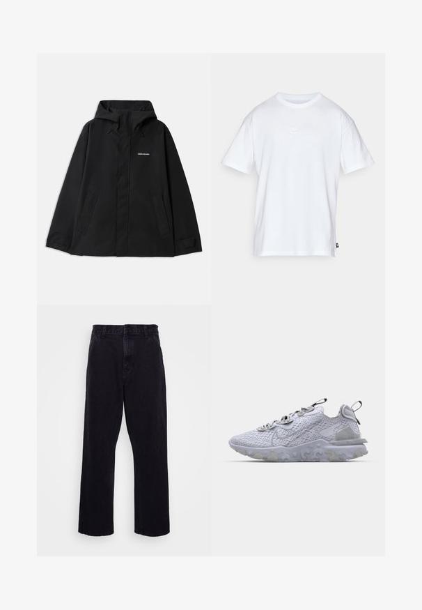 Sort vandtæt jakke med hætte, lange ærmer, lynlås foran og to sidelommer. Glat tekstur med et minimalistisk design.; Hvid bomulds T-shirt med korte ærmer og rund hals. Har et lille, diskret Nike-logo på brystet og et sidelabel.; Sorte denimbukser med lige ben, der har en knap- og lynlåslukning, bæltestropper og minimale syninger.; Lys grå sportsko med en åndbar mesh-overdel, tekstureret gummisål og reflekterende accenter. Har en polstret krave og snørredesign.