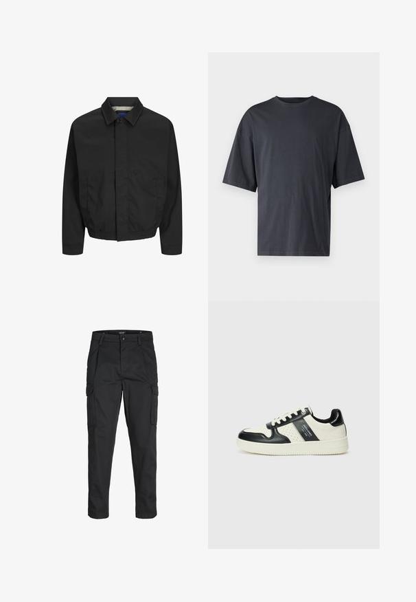 Črna lahka jakna s kragnim ovratnikom, sprednjim gumbom za zapiranje, elastičnim pasom in stranskimi žepi. Gladko matirano blago s karirasto podlogo.; Temno siva majica s kratkimi rokavi iz lahkotnega bombaža, z ohlapnim krojem in klasičnim okroglim izrezom, z enostavno teksturo in brez vzorcev.; Črne cargo hlače iz trdnega blaga, ki imajo več žepov, gumbasto zapiranje in ozek kroj z zožanimi nogami.; Usnjeni športni čevlji z črno in krem barvno shemo, ki vključujejo perforirane dodatke, podložen ovratnik in strukturirano podplat.
