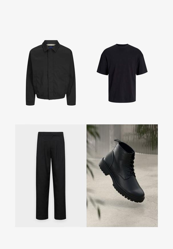 Giacca leggera nera con colletto, chiusura frontale a bottoni, vita elastica e tasche laterali. Tessuto liscio opaco con fodera a scacchi.; T-shirt in cotone nero con collo rotondo, maniche corte e vestibilità morbida. Texture liscia senza pattern o dettagli visibili.; Pantaloni neri realizzati in tessuto liscio, caratterizzati da un taglio dritto, due pieghe frontali e una vita standard con passanti per la cintura.; Stivali alla caviglia in pelle nera con punta arrotondata, design con lacci e suola in gomma robusta. Texture liscia con una linguetta sul retro.