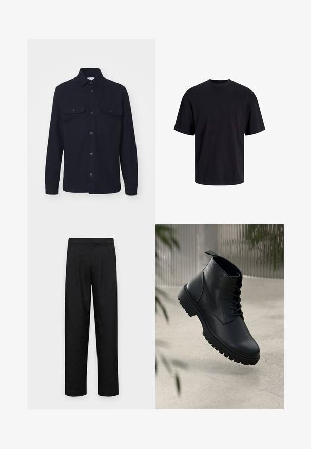 Jūras zila pogu krekls ar garām piedurknēm, izgatavots no mīkstas auduma, ar divām krūšu kabatām un klasisku apkakli.; Melns kokvilnas T-krekls ar apaļu kakla izgriezumu, īsām piedurknēm un brīvu piegriezumu. Gluda tekstūra un nav redzamu rakstu vai akcentu.; Melnas bikses, izgatavotas no gludas auduma, ar taisnu kāju dizainu, divām priekšējām krokām un standarta jostu, kurai ir āķi.; Melnas ādas potītēm līdzīgas kurpes ar noapaļotu purngalu, saistīšanas sistēmu un izturīgu gumijas zoli. Gluda virsma ar cilpu aizmugurē.