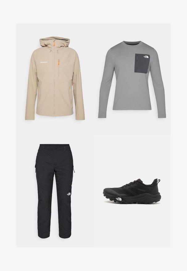Mammut ULTIMATE COMFORT SO HOODED - Softshelljas - savannah; Grijze lange mouw shirt van textuurstof, met een donkergrijze borstzak en een ritsluiting. Logo op de zak in het wit.; The North Face WINTER EXPLORATION TAPERED CARGO  - Outdoorbroeken - black; Zwarte trailrunning schoen met een gestructureerde bovenkant, rubberen zool en versterkte neus. Voorzien van een gevoerde kraag en een trekhaak voor eenvoudig aan- en uittrekken.