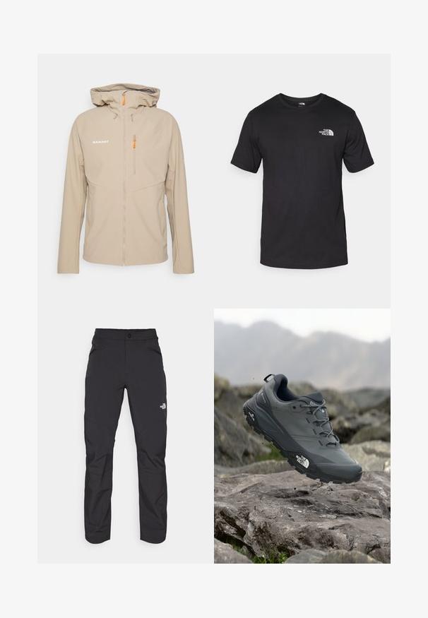 Mammut ULTIMATE COMFORT SO HOODED - Mekana jakna - savannah; Crna majica kratkih rukava od pamuka, s okruglim izrezom i malim bijelim logotipom na gornjem lijevom dijelu prsnog koša.; Crne hlače za vanjsko nošenje s patentnim zatvaračem na prednjem džepu, sintetički materijal, sužavajuće nogavice i ojačane koljenice. Sadrži zatvaranje na gumb.; Sive trail trkačka cipela s teksturiranim gornjim dijelom, izdržljivom gumenom potplatom i ojačanim vrhom. Ima vezice i logotip branda sa strane.