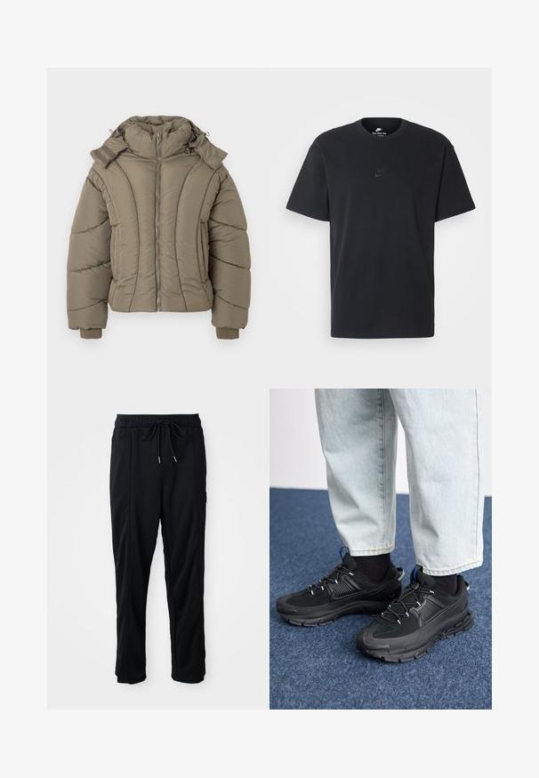 Kerge puffer-jakk oliivrohelises värvuses, millel on kõrge krae, lukuga kinn closure, ribaga mansetid ja tikitud tekstuur kaarjate õmblustega.; Nike musta mustast puuvillast T-särk klassikalise ümmarguse kaelusega, lühikeste varrukatega ja õrna, reljeefse logoga rinnal. Sile tekstuur.; Mustad nööridega vööga igapäevased mustad püksid, külgseamipocketid ja sirge sääre lõikega, ühtlasel taustal.; Mustad mustad jooksukingad, millel on tekstureeritud kangas ja kummist tallad, elastsed nöörid ning sinine aksent kandadel. Kandmine heledate teksadega.