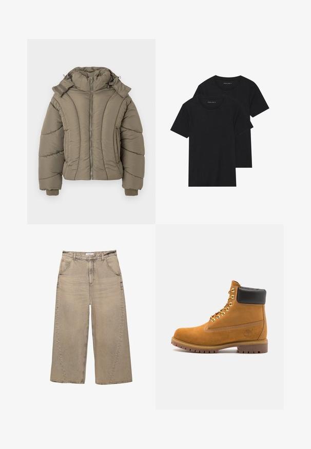 Giacca puffer leggera di colore verde oliva, con colletto alto, chiusura con zip, polsini a costine e una texture trapuntata con cuciture curve.; Due magliette nere di cotone a maniche corte, con scollatura rotonda e una texture liscia, esposte impilate insieme.; PULL&BEAR MEGA BAGGY - Jeans baggy - light grey; Stivale alla caviglia in suede tan con collare imbottito nero, occhielli in metallo dorato, dettagli in cucitura bianca e suola in gomma robusta con battistrada pronunciato.