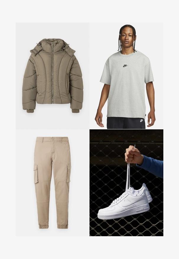 Chaqueta ligera tipo plumón en verde oliva, con un alto cuello, cierre de cremallera, puños acanalados y una textura acolchada con costuras curvas.; Joven con cabello trenzado que lleva una camiseta Nike gris claro y pantalones cortos Nike negros frente a un fondo blanco liso.; Pantalones cargo beige de un material de algodón ligero. Presenta puños elásticos, múltiples bolsillos laterales y un cierre de botón.; Zapatillas de cuero blanco con perforaciones, punta redonda, suela plana y cordones gruesos, con un logo de swoosh visible y "AIR" en el talón.