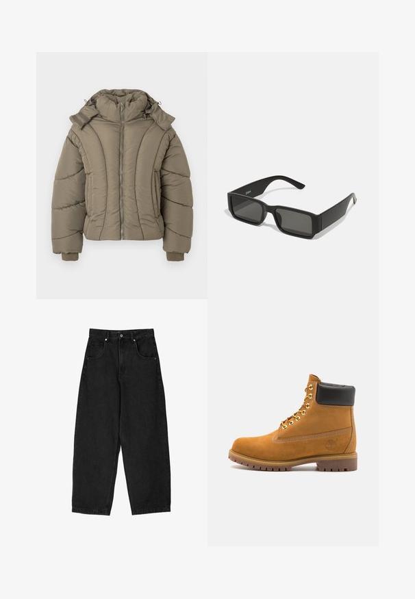Giacca puffer leggera di colore verde oliva, con colletto alto, chiusura con zip, polsini a costine e una texture trapuntata con cuciture curve.; T-shirt nera in cotone con maniche corte, presenta una grafica rettangolare bianca di una mosca su una linea sottile, con un branding minimale sotto l'immagine.; Pantaloni wide-leg in denim nero con vita alta, dotati di cinque tasche, chiusura con zip e bottone in metallo. Tessuto liscio, dettagli minimi.; Stivale alla caviglia in suede tan con collare imbottito nero, occhielli in metallo dorato, dettagli in cucitura bianca e suola in gomma robusta con battistrada pronunciato.; Occhiali da sole neri con lenti rettangolari, montatura in plastica opaca e bordi dritti. Presentano il logo del marchio sulla parte interna del braccio.