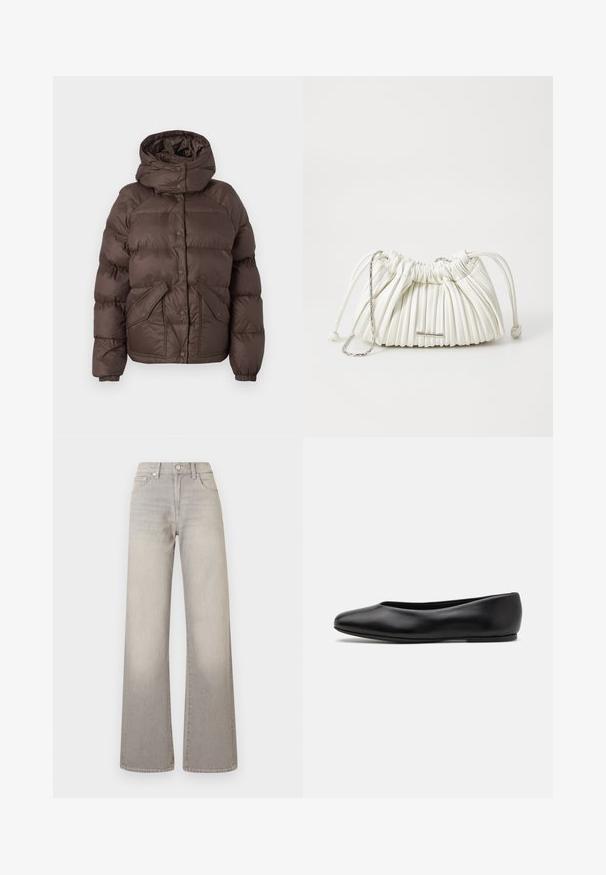 Cafékleurige pufferjack met een capuchon, voorzien van een gestikt ontwerp, drukknoopsluiting en twee zijzakken. Gemaakt van waterafstotend materiaal.; Zwarte v-hals trui van een zachte wolmix, met lange mouwen en geribbelde manchetten en onderrand. Eenvoudig, klassiek ontwerp zonder patronen of accenten.; Grijze wijde jeans met een vervaagde afwerking, knoopsluiting, vijfzakkenontwerp en gestikte details langs de naden.; Paul Smith TOPANGA - Ballerina's - black; Witte geplooide handtas gemaakt van zacht materiaal. Voorzien van een trekkoordsluiting, gevlochten handvatten en een accent van zilverkleurig hardware.