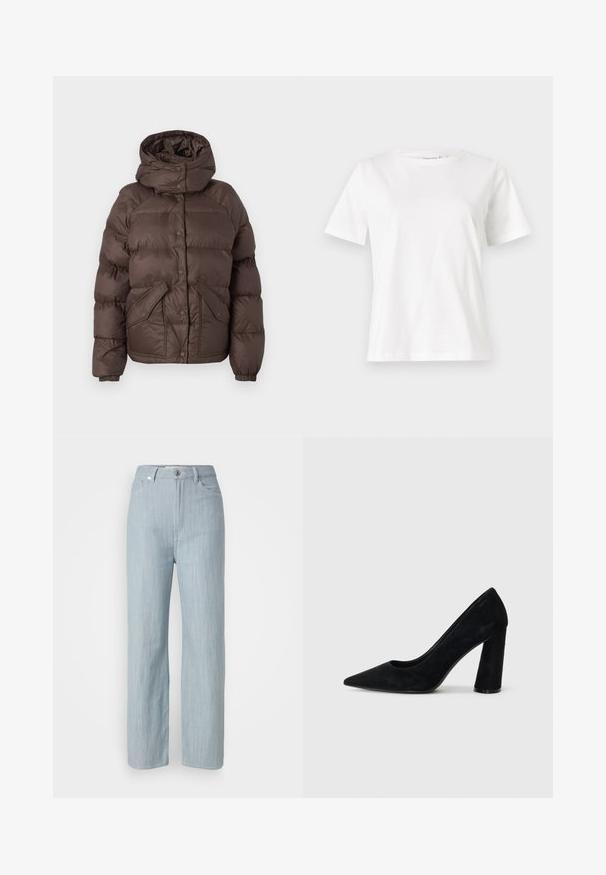 Brun pufferjakke med hætte, har et quiltet design, trykknapper og to sidelommer. Fremstillet af vandafvisende materiale.; Hvid bomulds t-shirt med korte ærmer, rund halsudskæring og en afslappet pasform. Glat tekstur, ingen mønstre eller accenter, minimalistisk design.; Lysblå straight-leg jeans lavet af denim. Har fem lommer, en metal knaplukning og subtile slidser for tekstur.; Sorte ruskinds højhælede pumps med spids tå og bred hæl. Slankt design, glat tekstur og minimalistisk stil. Ingen synlig branding.