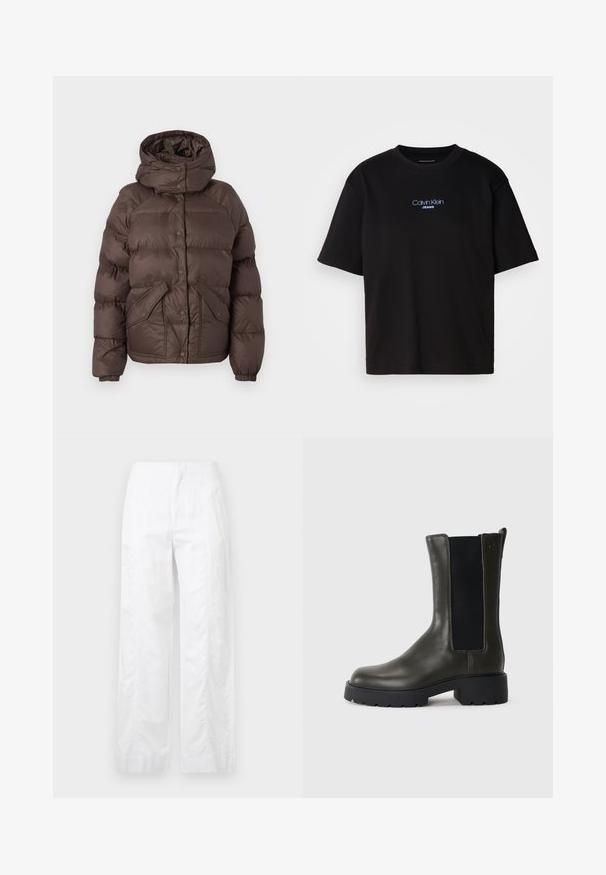 Smeđa puffer jakna s kapuljačom, koja ima prošiveni dizajn, kopčanje na dugmad i dva bočna džepa. Izrađena od vodoodpornog materijala.; Crna pamučna majica s okruglim izrezom, kratkim rukavima i plavim izvezenim logom "Calvin Klein JEANS" na prednjoj strani.; Bijele široke hlače od laganog materijala, s glatkom teksturom, čistim linijama i visokim strukom.; Zelene kožne gležnjače s elastičnim bočnim panelima, okruglim vrhom i gumeni potplat. Imaju teksturiranu završnu obradu i blok peta.