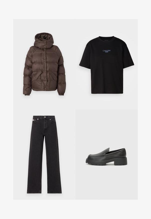 Brun pufferjakke med hætte, har et quiltet design, trykknapper og to sidelommer. Fremstillet af vandafvisende materiale.; Sort bomulds t-shirt med rund hals, korte ærmer og blåt broderet "Calvin Klein JEANS" logo på fronten.; Sorte vidde jeans lavet af denim, med høj talje, fem-lomme stil og en metalknap lukning med kontrasterende syninger.; Sorte læder loafers med rund tå, tyk tekstureret sål og minimale syninger. Elegant design uden synlige snørebånd eller hardware.