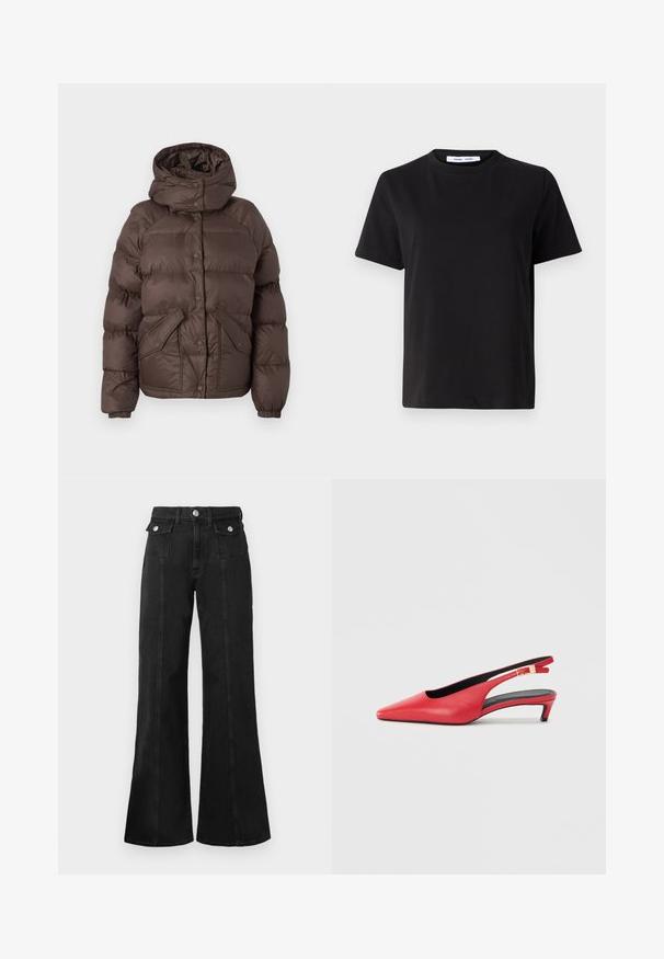 Brun pufferjakke med hætte, har et quiltet design, trykknapper og to sidelommer. Fremstillet af vandafvisende materiale.; Sort t-shirt med korte ærmer fremstillet af blødt bomuld, med rund halsudskæring, afslappet pasform og en glat overflade. Ingen synlige mønstre eller grafik.; Sorte denim flared jeans med høj talje, der har to frontlommer, hardware i sølv-tone og synlige sømdetaljer foran.; Røde læderslingback hæle med spidse tæer, der har en lille hæl og en spændeaccent på remmen. Glat tekstur.