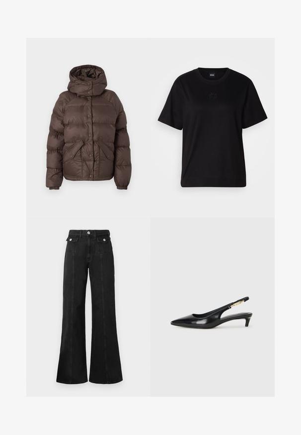Geacă puf maro cu glugă, având un design matlasat, cu butoni snap și două buzunare laterale. Fabricată din material rezistent la apă.; T-shirt negru din bumbac, cu guler rotund, mâneci scurte și un logo brodat pe piept. Design simplu, cu o croială relaxată și fără modele.; Jeans flared din denim negru cu talie înaltă, având două buzunare frontale, detalii din metal argintiu și cusături vizibile pe față.; Sandale slingback din piele neagră cu vârf ascuțit, având un toc subțire și un accent de culoare aurie pe curea ajustabilă. Textură netedă.