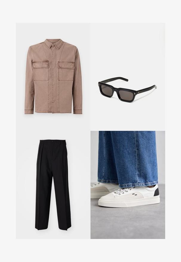 Smeđa pamučna jakna s ovratnikom, s dva prednja džepa, vertikalnim šavovima i ravnim krojem.; Bijela turtleneck majica dugih rukava, izrađena od glatkog materijala. Ima elegantan kroj s rebrastim manžetama i donjim rubom. Bez uzoraka ili dodataka.; Crne plisirane hlače s ravnim širokim nogavicama. Izrađene od glatkog materijala, s dugmadi za zatvaranje i petljama za remen.; Bijele i crne tenisice s glatkim kožnim gornjištem, teksturiranim detaljima i debelim bijelim potplatom. Imaju klasičan dizajn vezanja.; Crne pravokutne sunčane naočale s tamnim lećama, debelim plastičnim okvirom, zlatnim akcentima na sljepoočnicama i logotipom marke ugraviranim na dršku.