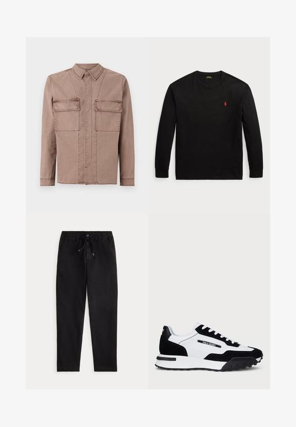 Casaco de algodão castanho com colarinho, apresentando dois bolsos frontais, detalhes de costura vertical e um design de corte reto.; Camisola de manga longa preta feita de algodão. Apresenta um colarinho redondo, punhos canelados e um pequeno logo bordado vermelho no peito. Textura suave.; Calças casuais pretas com cintura elástica, cordão de ajuste, botão frontal e bolsos laterais, exibidas sobre um fundo simples.; Ténis com um cabedal em camurça preta e pele branca, apresentando uma sola em borracha preta, atacadores brancos e um logo "POLO SPORT" na lateral.