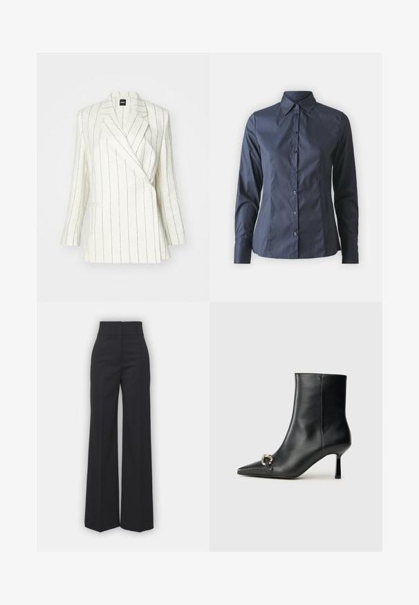 Bílý blazer s černým proužkovým vzorem, s klopami a dvěma předními kapsami. Vyrobeno z lehkého, texturovaného materiálu pro upravený střih.; Námořnická modrá košile s dlouhým rukávem, zapínáním na knoflíky, špičatým límcem a přiléhavým střihem. Vyrobeno z hladké, lehké látky.; Kalhoty s širokými nohavicemi z černé tkaniny s vysokým pasem, které mají čistý vzhled a hladkou strukturu. Bez viditelného kování nebo vzorů.; Černá kožená kotníková bota s špičatou špičkou, úzkým středně vysokým podpatkem a stříbrnou sponou na straně, na jednobarevném pozadí.
