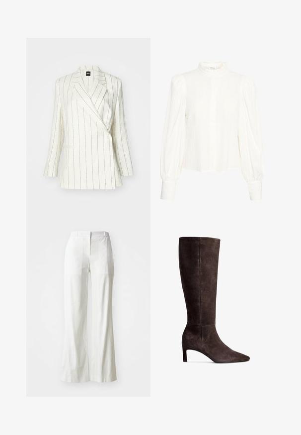 Baltas švarkas su juodais įstrižais raštais, su įpjovinėmis apykaklėmis ir dviem priekinėmis kišenėmis. Pagamintas iš lengvo, faktūrinio audinio, užtikrinančio pritaikytą siluetą.; Balta ilga rankovė bluzonė su tekstūruota, raukšlėta medžiaga. Yra aukštas, voliukas apykakle ir mygtukų užsegimas. Plati pūsta rankovė ir užsegti riešai.; Baltos, aukšto liemens plačios kel nelitanos, pagamintos iš lengvos medžiagos. Šios kel nelitanos turi lygų priekį, užpakalinius kišenes ir švarų, paprastą dizainą.; Rudi zomšo oda iki kelių aukščio batai su smailiu pirštu ir 3 colių kulnu. Lygi tekstūra, elegantiška silueto forma ir minimalistinis dizainas.