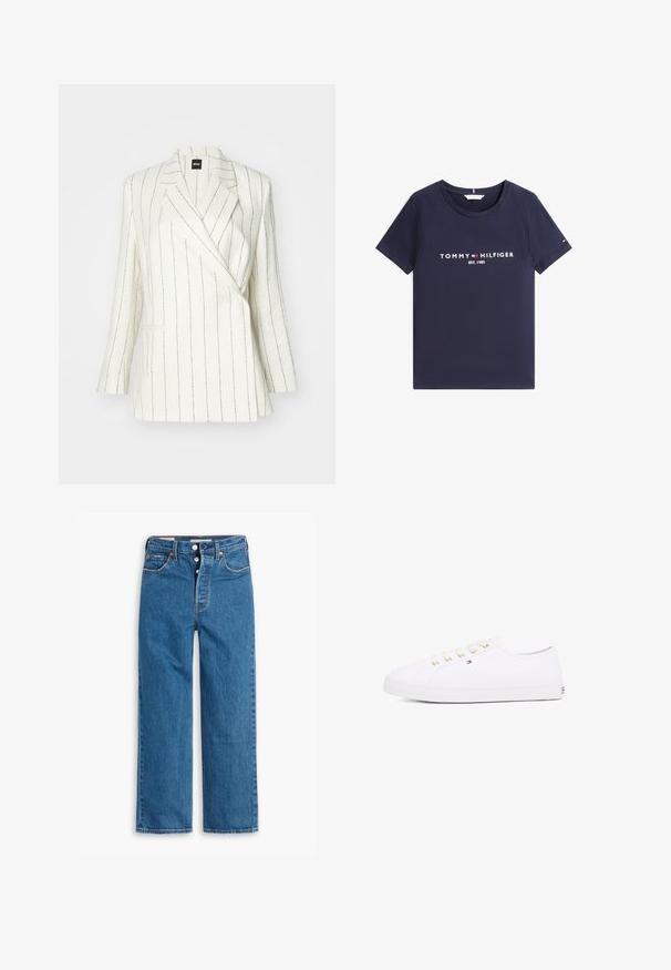Baltas švarkas su juodais įstrižais raštais, su įpjovinėmis apykaklėmis ir dviem priekinėmis kišenėmis. Pagamintas iš lengvo, faktūrinio audinio, užtikrinančio pritaikytą siluetą.; Tamsiai mėlynas trumpomis rankovėmis marškinėlis su apvalia iškirpte ir baltu užrašu „Tommy Hilfiger EST. 1985“ bei logotipu priekyje.; Mėlyni džinsai tiesaus šešiakampio modelio su aukšta liemens linija, penkių kišenių dizainu ir sagčių užsegimu. Matoma siuvimo linija ir vario atspalvio varžtai.; Baltos drobės sportbačiai su auksinėmis skylutėmis, plokščiomis raišteliais, struktūrizuota gumine padanga ir minimaliu ženklinimu šone. Žemas profilio dizainas.