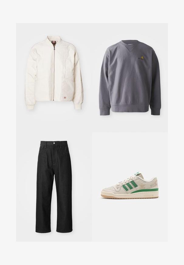 Pildīta bombers jakas off-white krāsā ar pilnu rāvējslēdzēju, stāvošu kaklu, divām priekšējām kabatām un ribotiem piedurknēm. Iezīmēts ar stīpētu paneļu dizainu.; Pelēks džemperis ar apaļu kakla izgriezumu, ribotu piedurkņu un apakšmalu. Uz krūtīm atrodas izšūts dzeltenais un sarkanais logo. Izgatavots no mīksta auduma.; Melnas džinsus bikses ar brīvu piegriezumu, augstu vidukli, rāvējslēdzēja aizdari un piecu kabatu dizainu. Redzama šuvju akcenti visā virsmā.; Adidas kedas ar beige ādas augšdaļu, zaļām svītrām un gumijas zoli. Aprīkoti ar mīkstinātu apkakli un caurumu zoli gaisa caurlaidībai.
