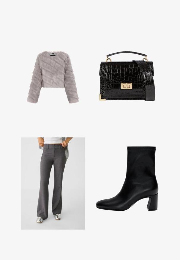 Szary, sztuczny futrzany krótki płaszcz z długimi rękawami, teksturowana tkanina i okrągły dekolt. Posiada zamek błyskawiczny i brak widocznych elementów metalowych.; Biały sweter z długim rękawem o prążkowanej fakturze, okrągłym dekolcie i dopasowanym kroju. Posiada subtelne szczegóły szycia na korpusie.; Szare spodnie w fasonie dzwonów wykonane z teksturowanej tkaniny, z dwoma guzikami z przodu i szlufkami na pasek, w połączeniu z błyszczącymi srebrnymi sneakerami.; Czarny botek na kostkę wykonany z gładkiej skóry. Posiada kwadratowy czubek, elastyczny górny brzeg oraz masywny obcas zapewniający stabilność. Minimalistyczny design.; Czarna torebka na ramię z lakierowanej skóry licowej o fakturze krokodyla, ze złotymi akcesoriami, górną rączką oraz odczepianym paskiem na ramię. Prostokątny kształt z klapką.